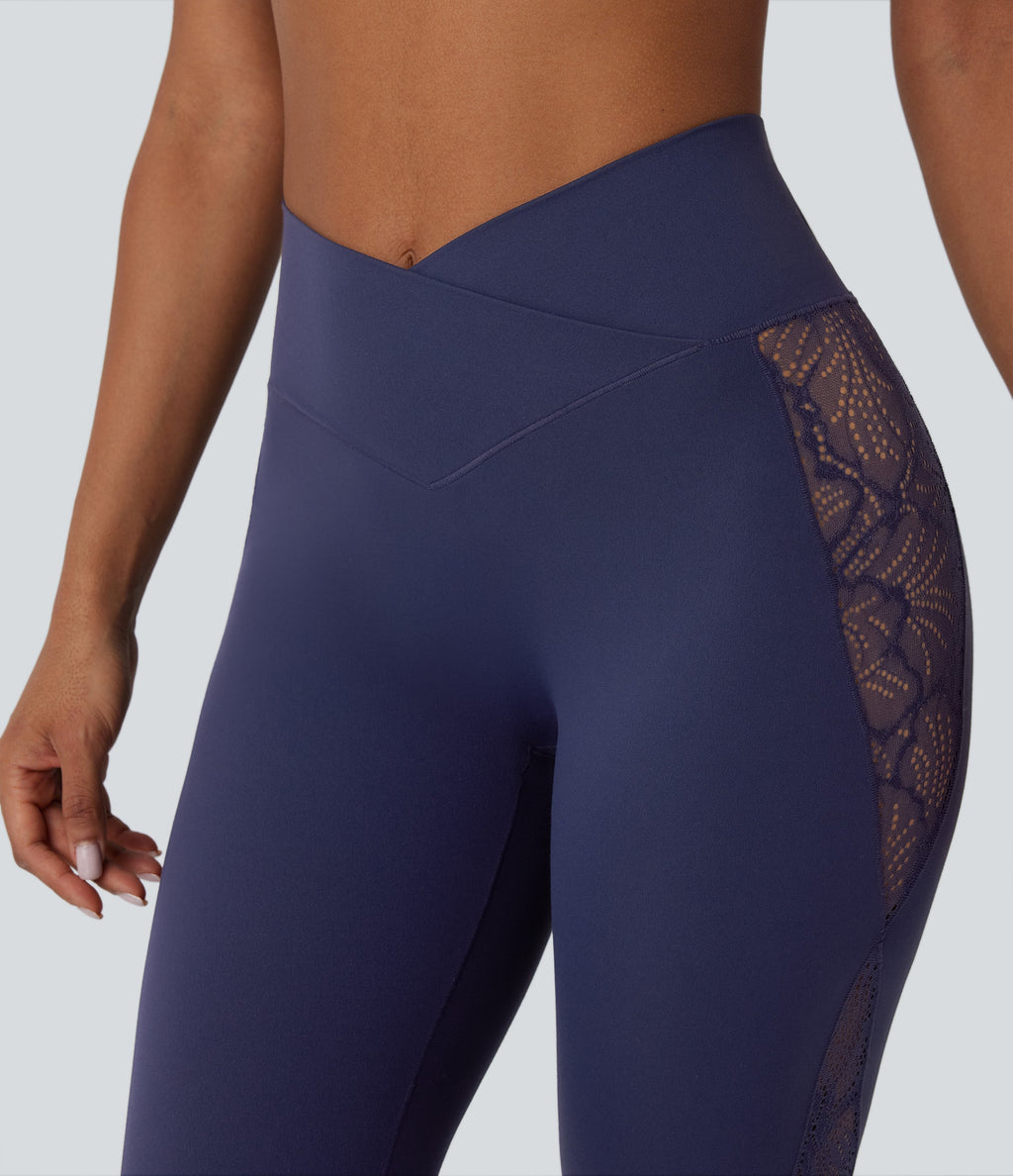 SoftlyZeroTM High Waisted Crossover Contrast Lace Built-in Underwear Yoga Leggings with Pocket-UPF50+