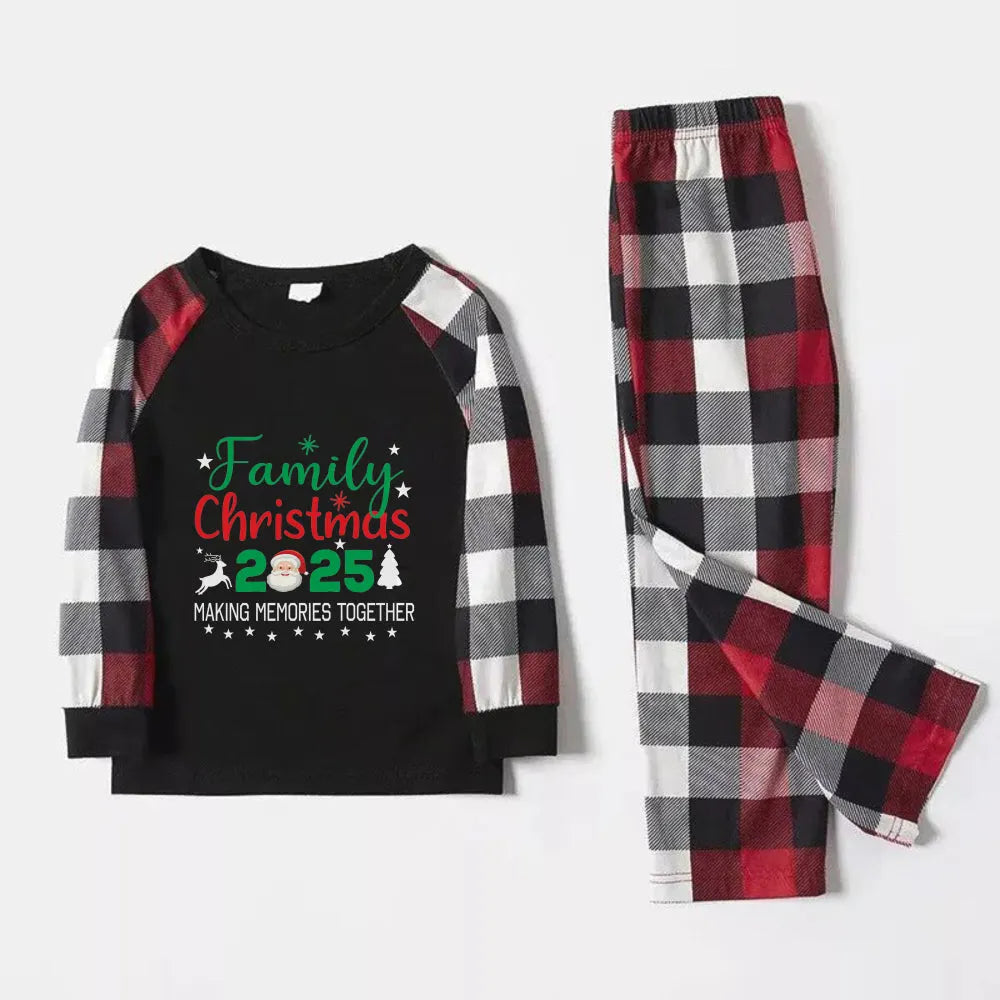 Christmas Family Matching Pajamas-Red and Gray Plaid Pjs set with "Family Christmas 2025" and Santa Pattern Colorful Print