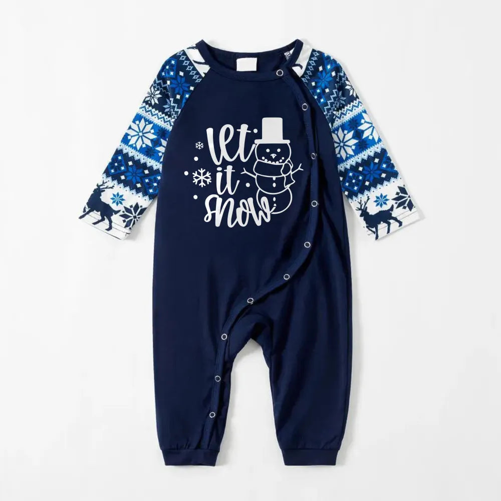 Joyful Blue Christmas Pajamas Set with Snowman and Slogan Designs