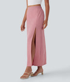 High Waisted Stripe Maxi Linen-Feel Skirt with Pockets