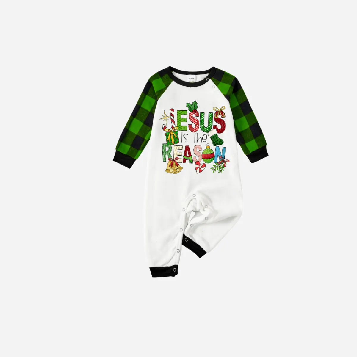 Christmas Cartoon Family Christmas Pajamas Set - White Top with Green Plaid Sleeves and Green Plaid Pants and “Jesus is the Reason” Design