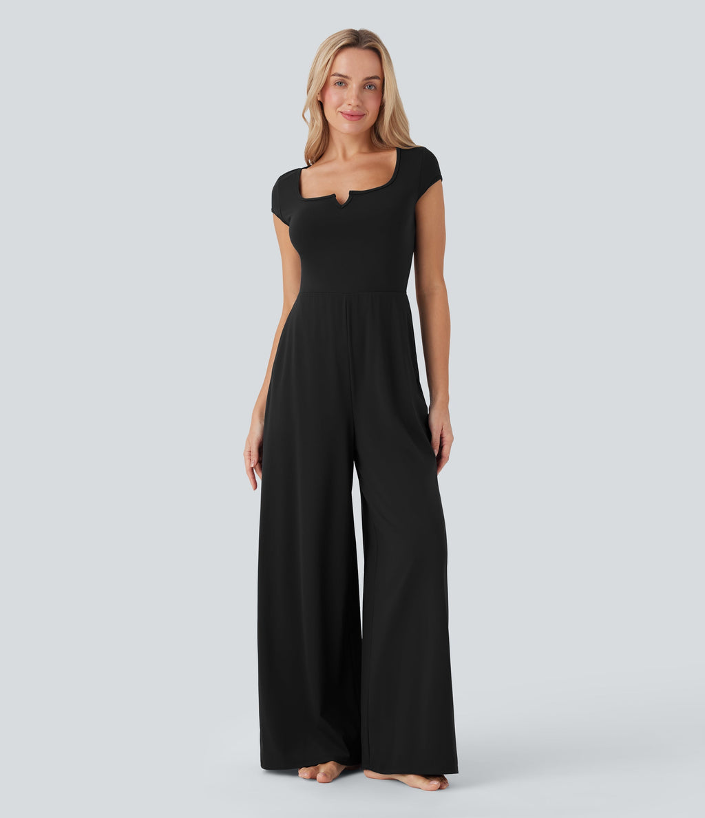 SoftlyZeroTM Airy Short Sleeve Wide Leg Cool Touch Yoga Jumpsuit with Pockets-Easy Peezy Edition