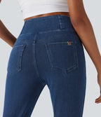FlexTM Crossover High Waisted Denim Casual Capri Leggings with Pockets