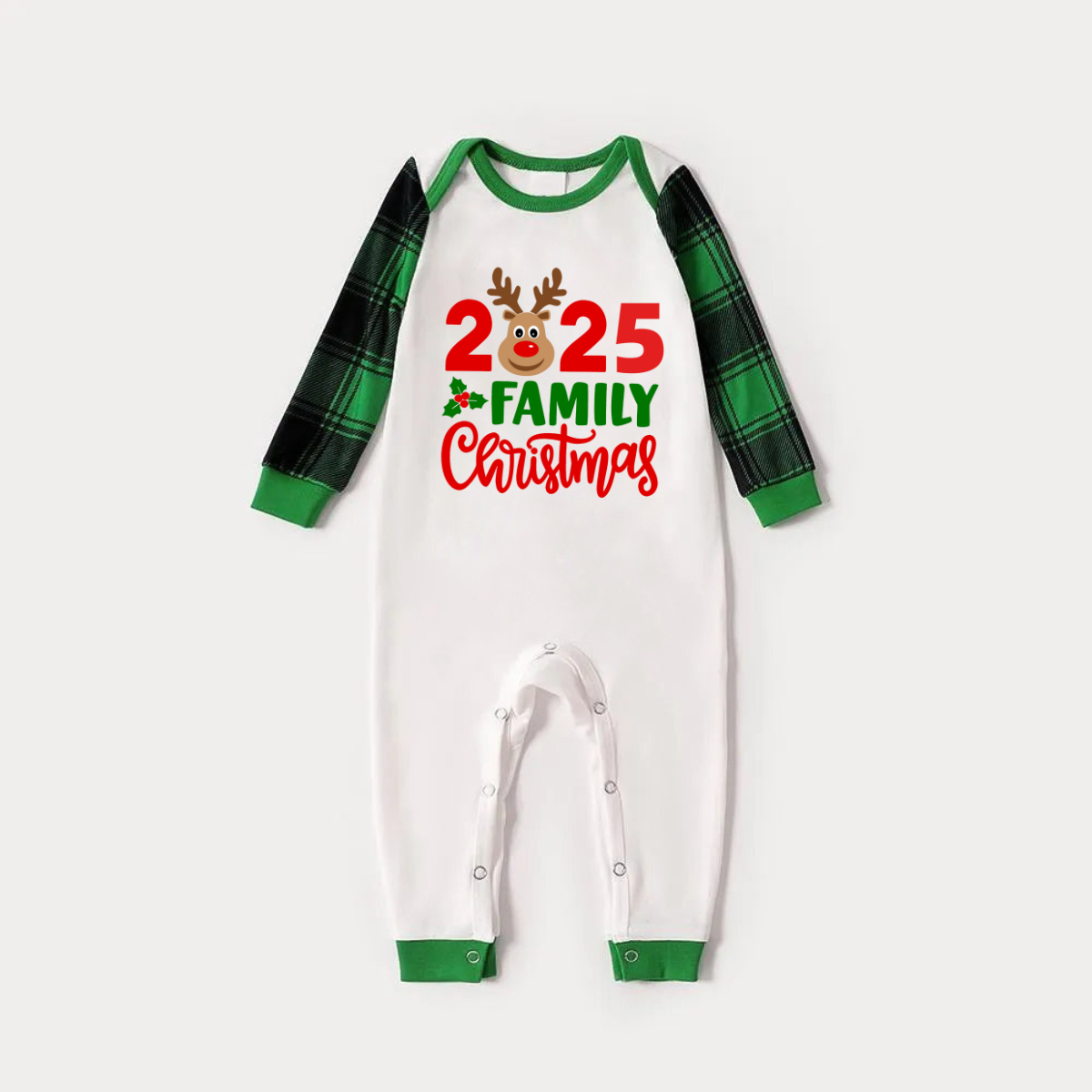 "2025 Family Christmas" Moose Letter Prints Green Rotator Cuff Top With Green & Black Plaid Family Matching Pajamas