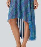 Sheer Mesh High-Waisted High-Low Plaid Maxi Flowy Skirt