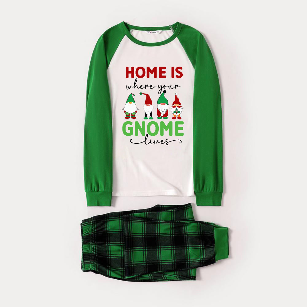 Green Raglan Top Green Plaid Christmas Pajamas Set With Christmas Gnome Print