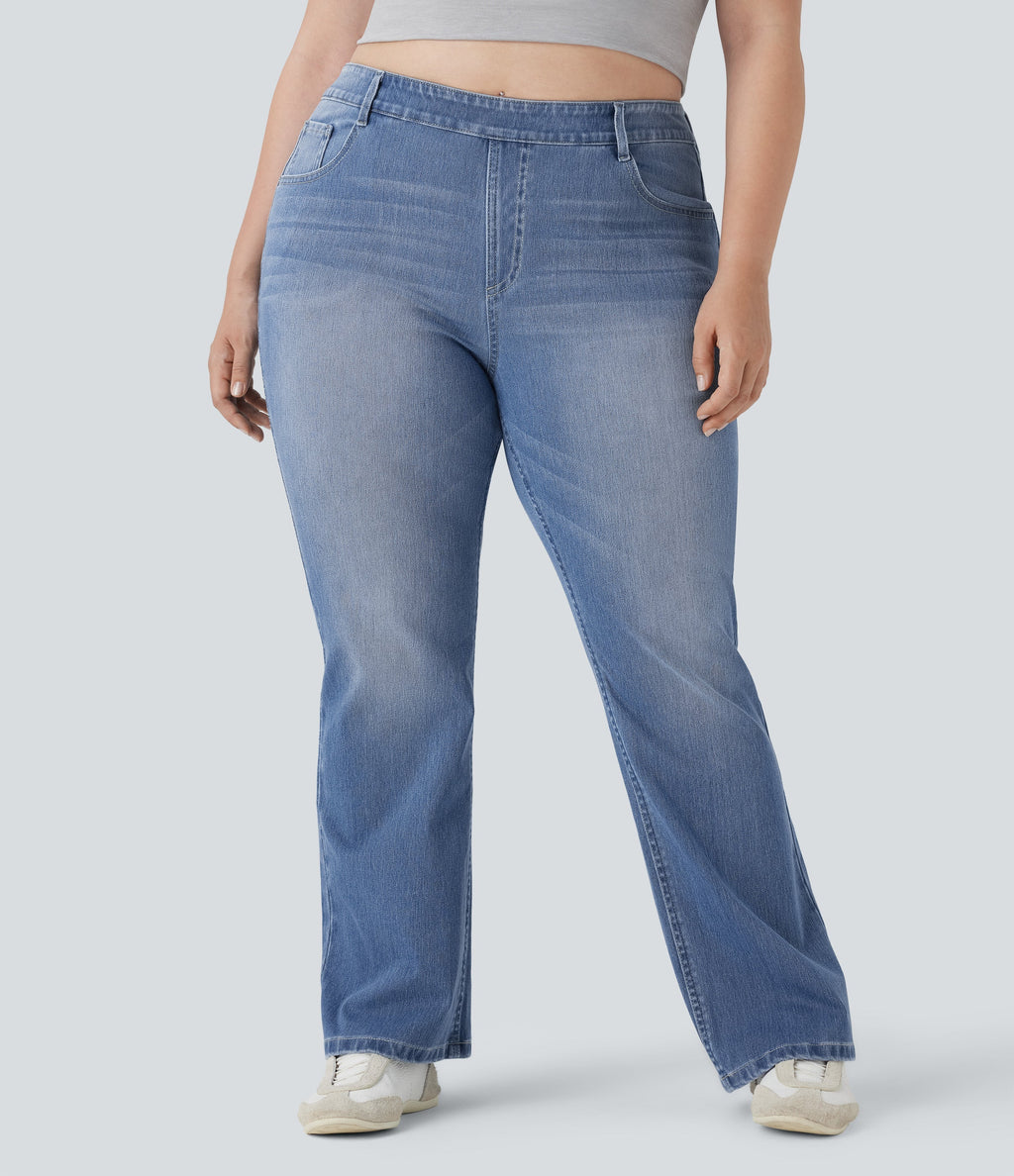 Plus Size FlexTM High Waisted Washed Casual Bootcut Jeans with Pockets