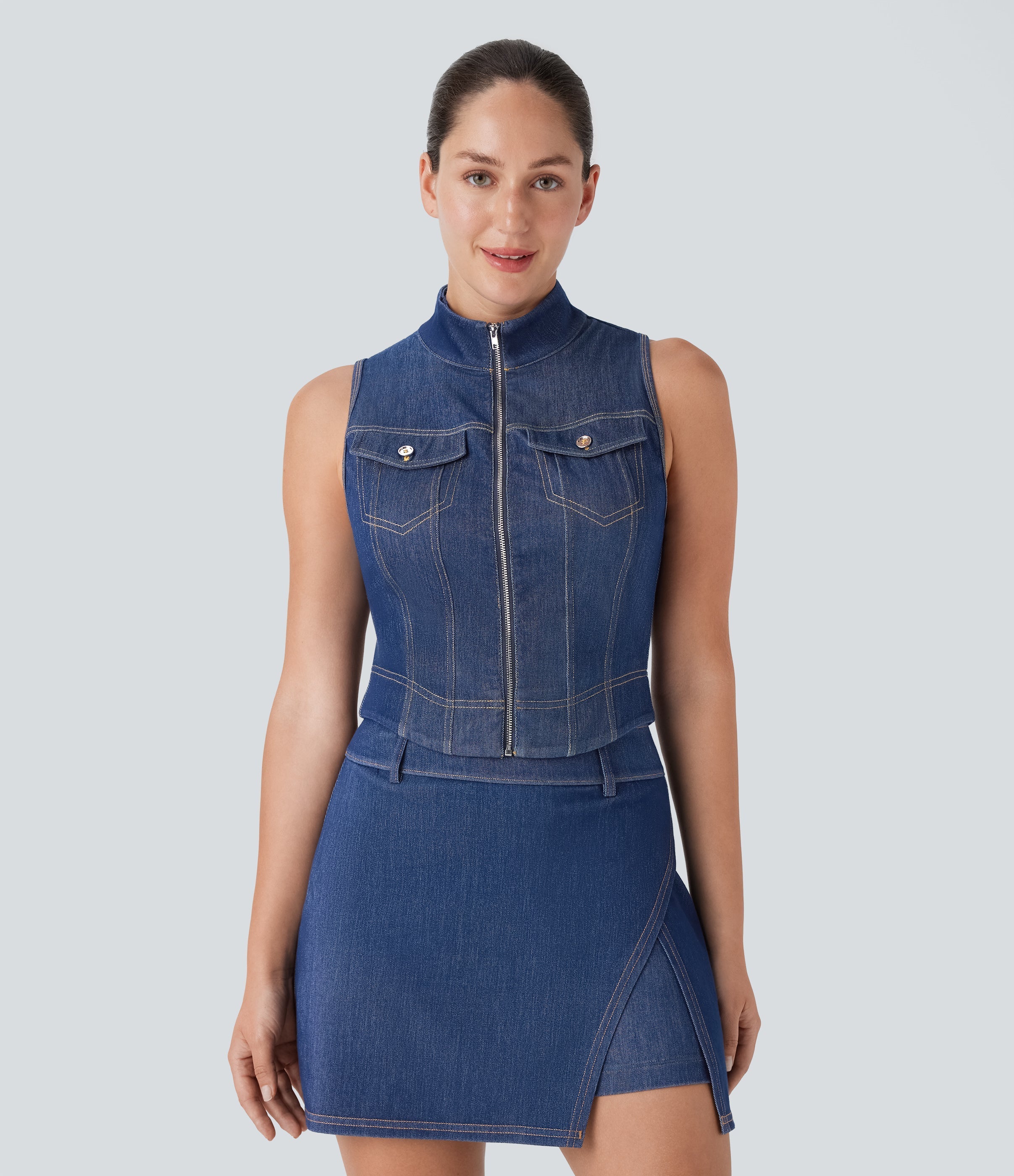 FlexTM Stand Collar Zipper Cool Touch Washed Denim Tennis Tank Top