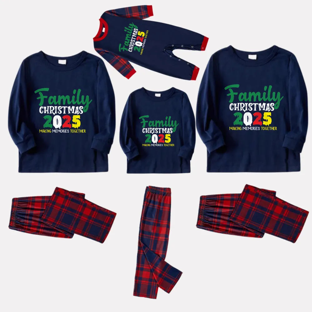 Christmas Family Matching Pajamas-Navy & Red Plaid Pjs Set with "Family Christmas 2025" Text Print