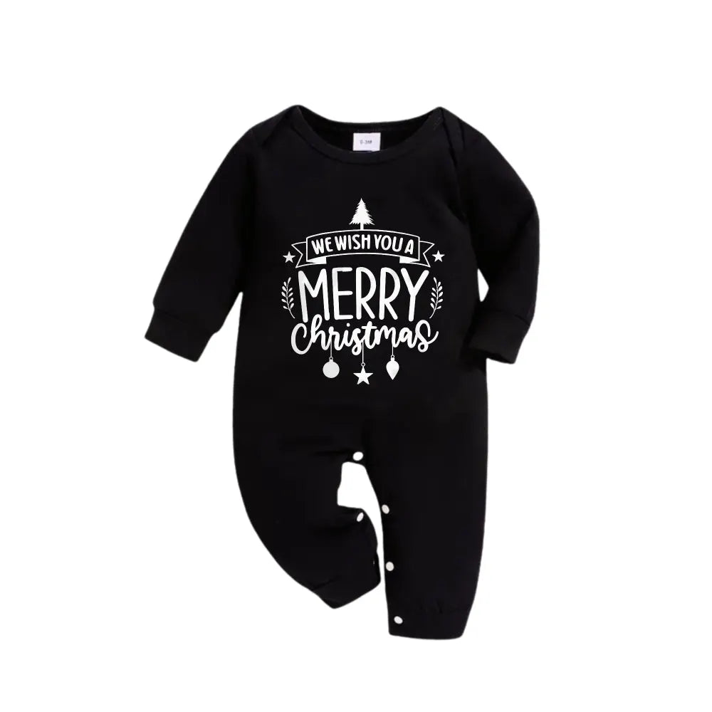 Christmas Family Matching Pajamas-Black Top and Green Plaid Pants Pjs Set with "We Wish You A Merry Christmas" Black&White Print