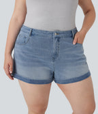FlexTM Mid Rise Zipper Pockets Denim Casual Plus Size Shorts 3''
