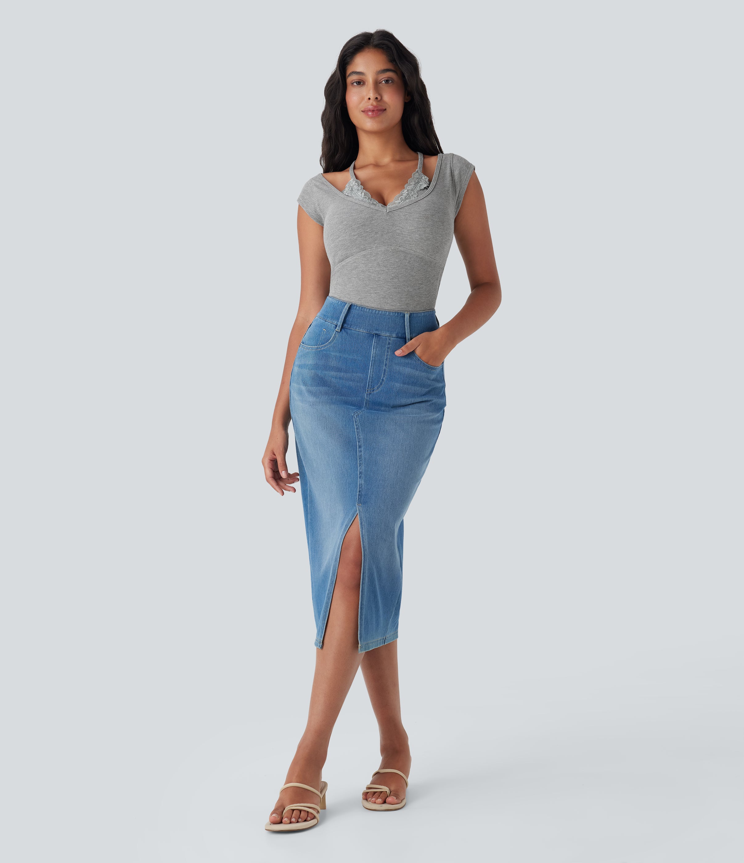 High Stretch Ribbed Knit Lace Halter Cap Sleeve Top