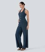 FlexTM Halter Wide Leg Denim Casual Jumpsuit with Pockets