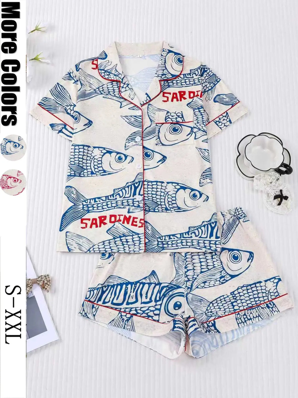 Women's Sleepwear Set, Short Sleeve Button-Up Soft Top & Elastic Shorts