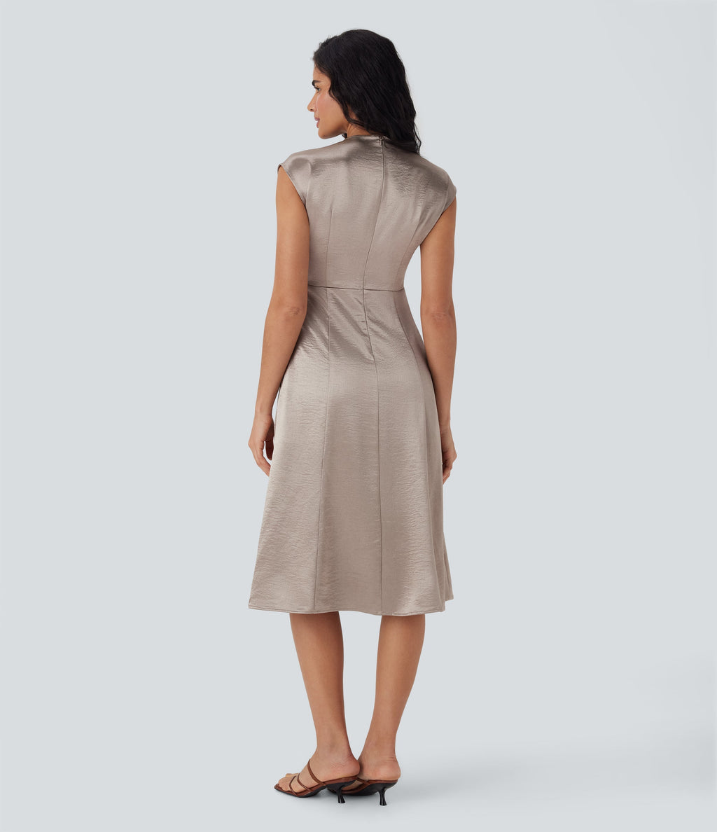 Round Neck Ruched Midi Satin Work Dress with Pockets