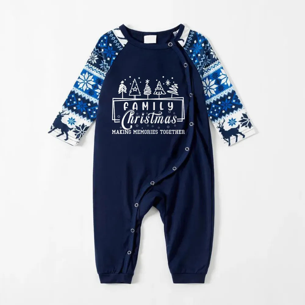 Joyful Blue Christmas Pajamas Set with Tree and Holiday Text Design