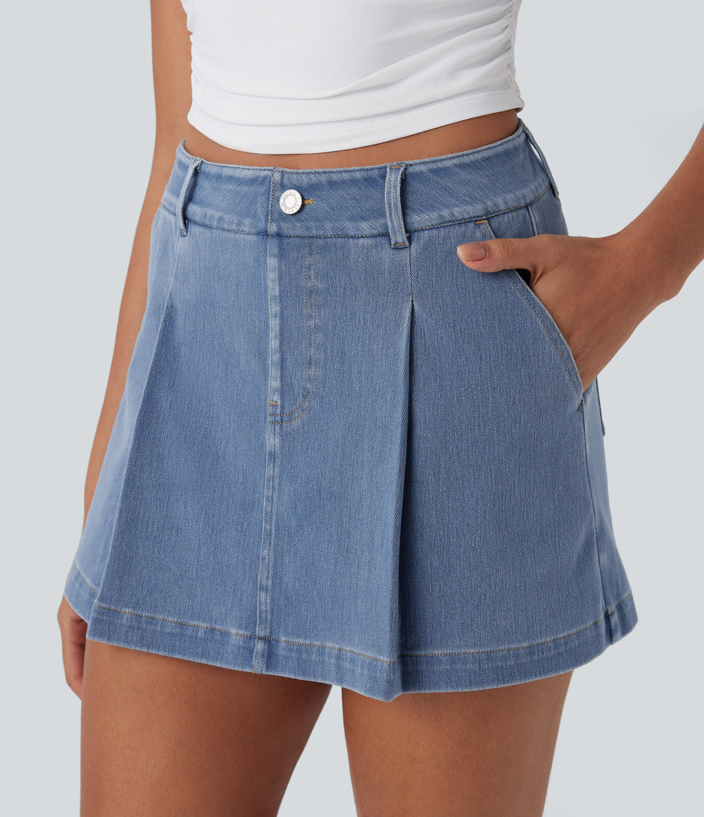 FlexTM High Waisted 2-in-1 Washed Stretchy Knit Denim Casual A-line Skort with Pockets