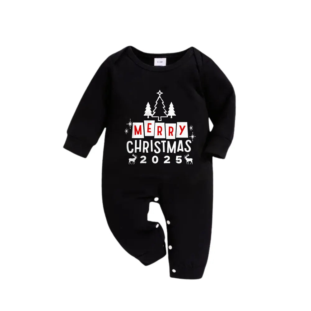 Christmas Family Matching Pajamas-Black Top and Green Plaid Pants Pjs Set with "Merry Christmas 2025" Print