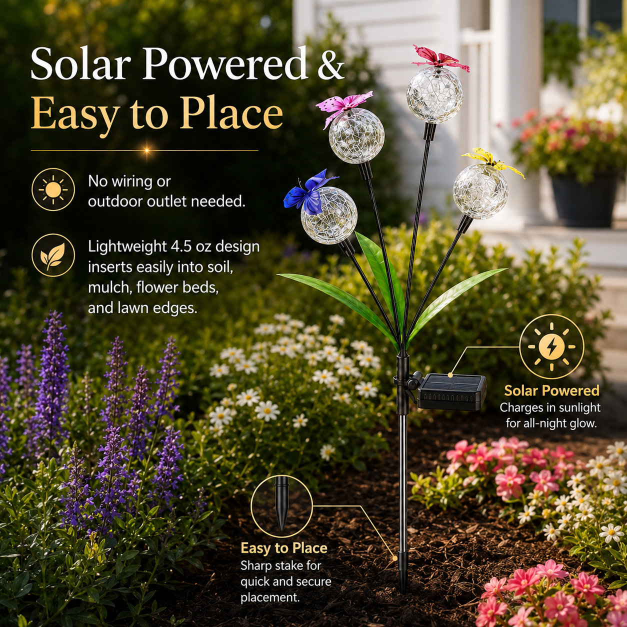 Solar Butterfly Garden Stake Light – 4 Glowing Crackle Globes