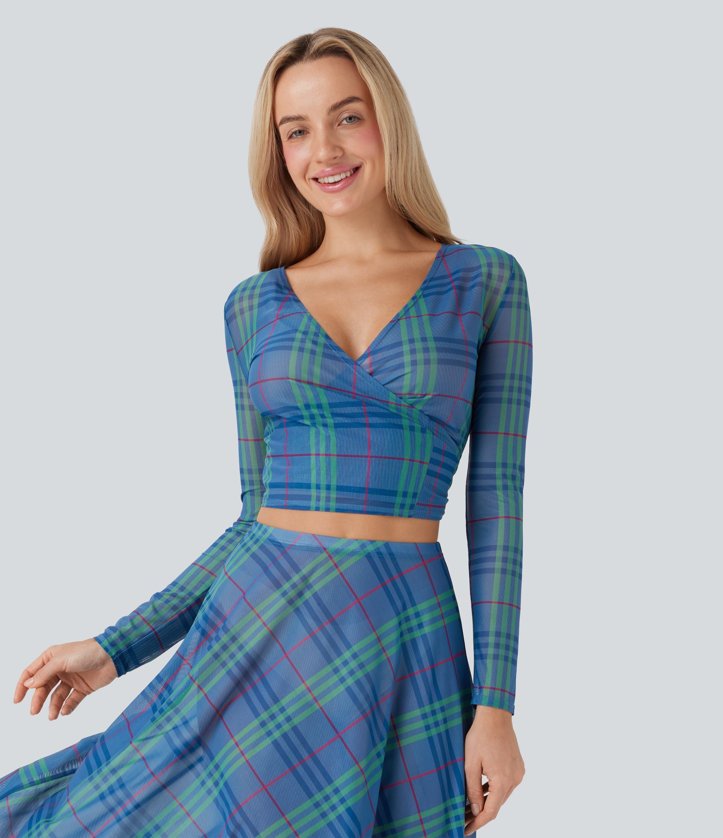 Sheer Mesh V-Neck Wrapped Tie-Back Top