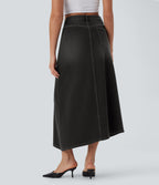 FlexTM Asymmetric Mid Rise Denim Maxi Casual Skirt with Pockets