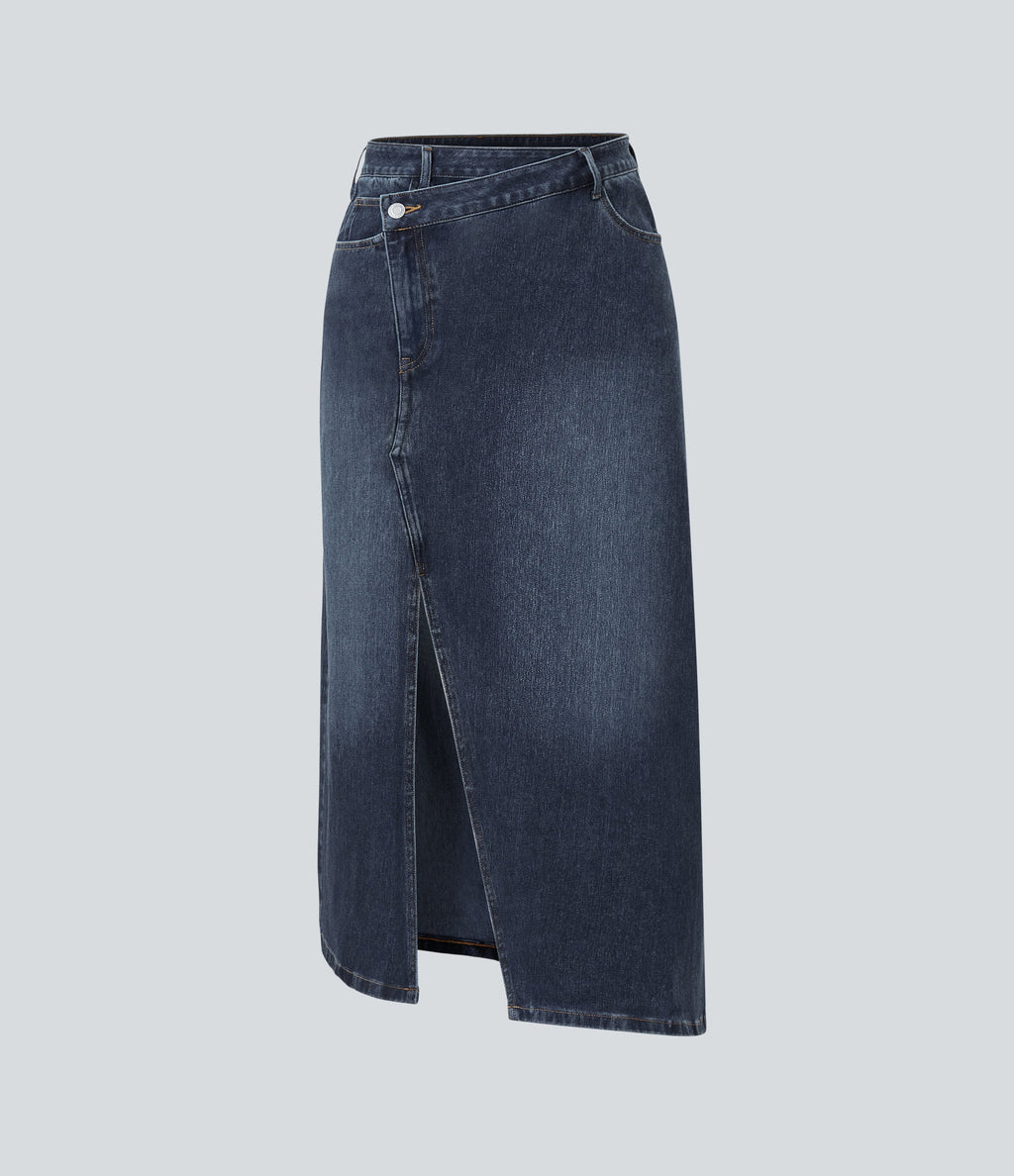 FlexTM Asymmetric Mid Rise Denim Maxi Casual Skirt with Pockets