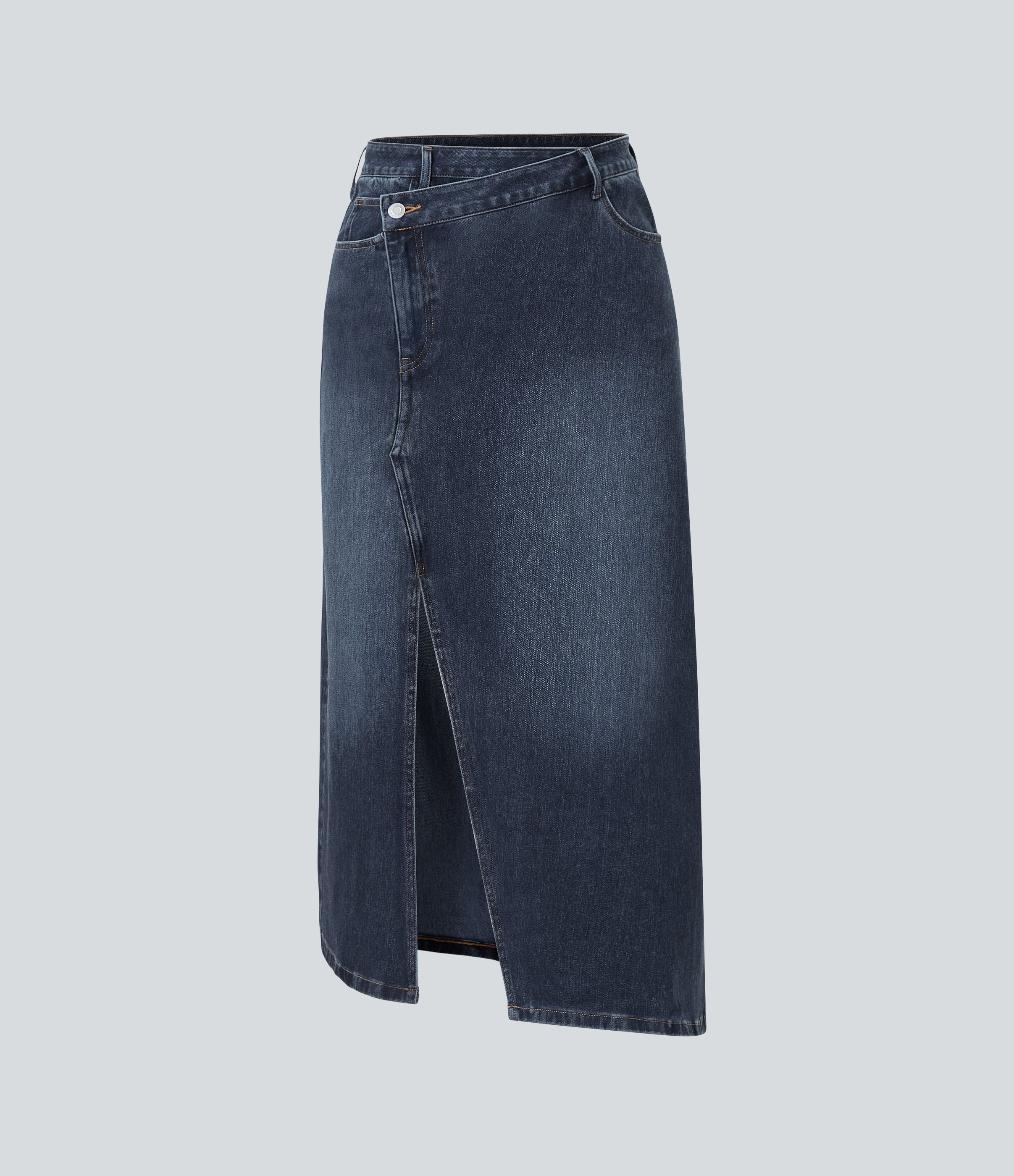 FlexTM Asymmetric Mid Rise Denim Maxi Casual Skirt with Pockets