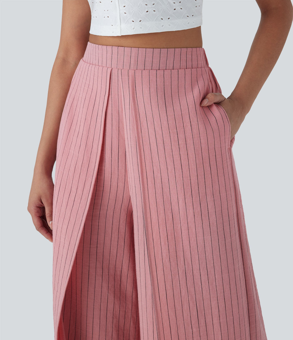 High Waisted Stripe Wide Leg Linen-Feel Pants with Pockets