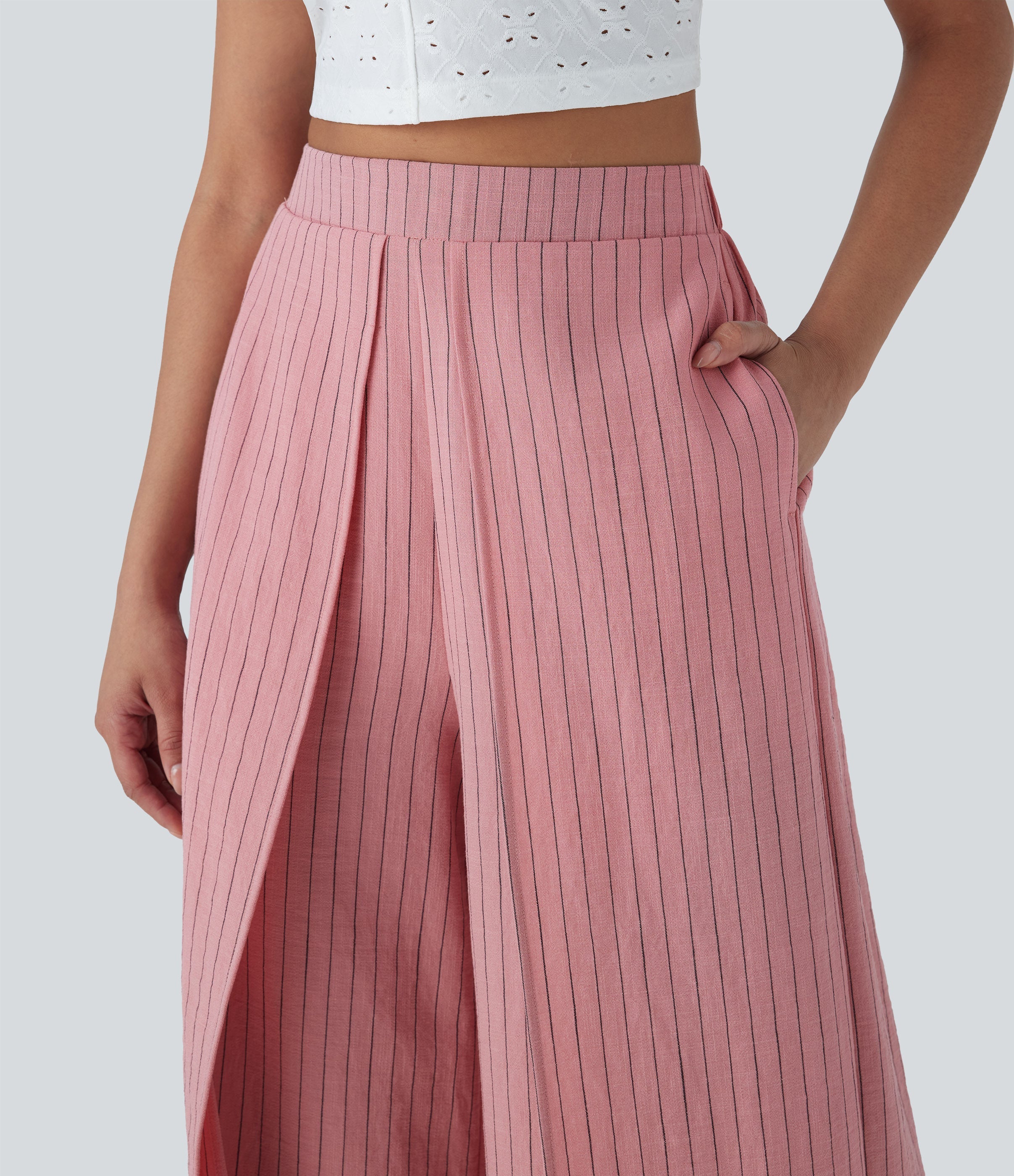 High Waisted Stripe Wide Leg Linen-Feel Pants with Pockets