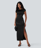 Boat Neck Cap Sleeve Ruched Satin Dress