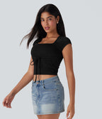 Square Neck Drawstring Eyelet Embroidery Skinny Cropped Casual Top