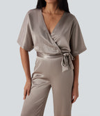 Crossover V Neck Belted Wide Leg Satin-like Work Jumpsuit with Pockets