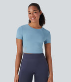 Round Neck Short Sleeve Contrast Mesh Cropped Yoga Sports Top
