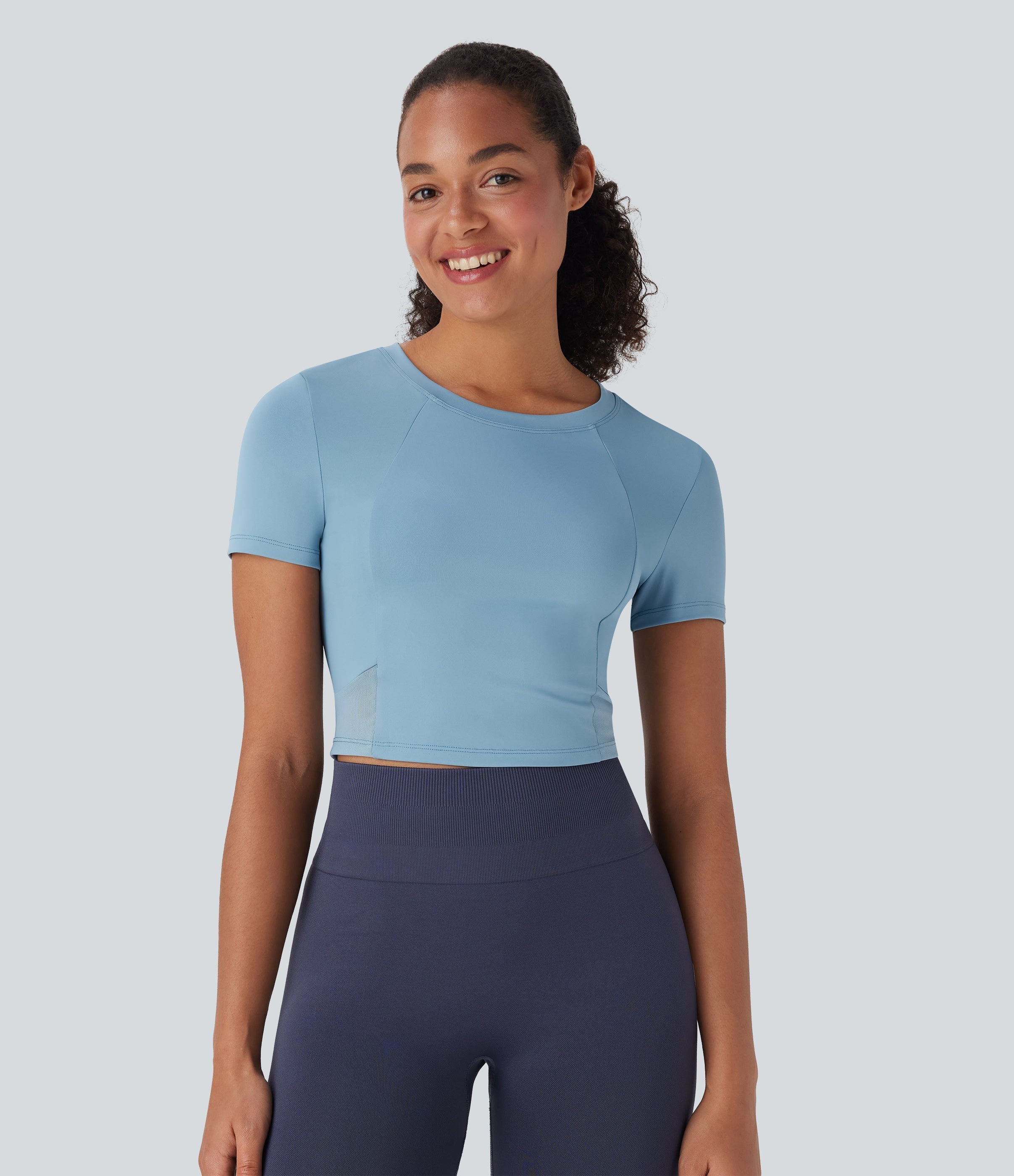 Round Neck Short Sleeve Contrast Mesh Cropped Yoga Sports Top
