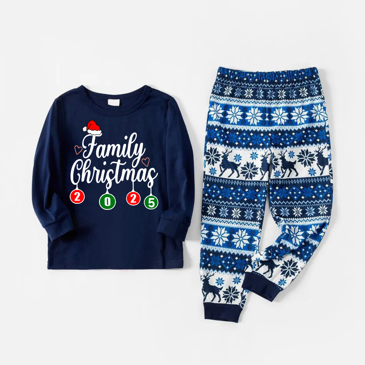 "Family Christmas" 2025 Letter Print Blue Family Matching Pajamas With Dog bandana