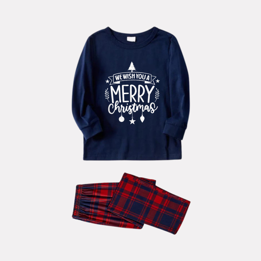 Christmas Family Matching Pajamas-Navy & Red Plaid Pjs Set with "We Wish You A Merry Christmas" Slogan Print