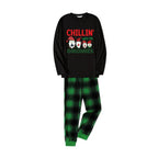 Christmas Family Matching Pajamas-Black Top and Green Plaid Pants Pjs Set with "Chillin With My Gnomies" Print