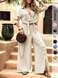 Women's Two-Piece Vacation Style Shirt and Pants Set, Tie-Down Hem Shirt with Fake Button Decoration, Wide Leg Pants Set, Loose