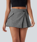 Mid Rise Pleated 2-Piece Houndstooth Mini Casual Skirt with Pockets