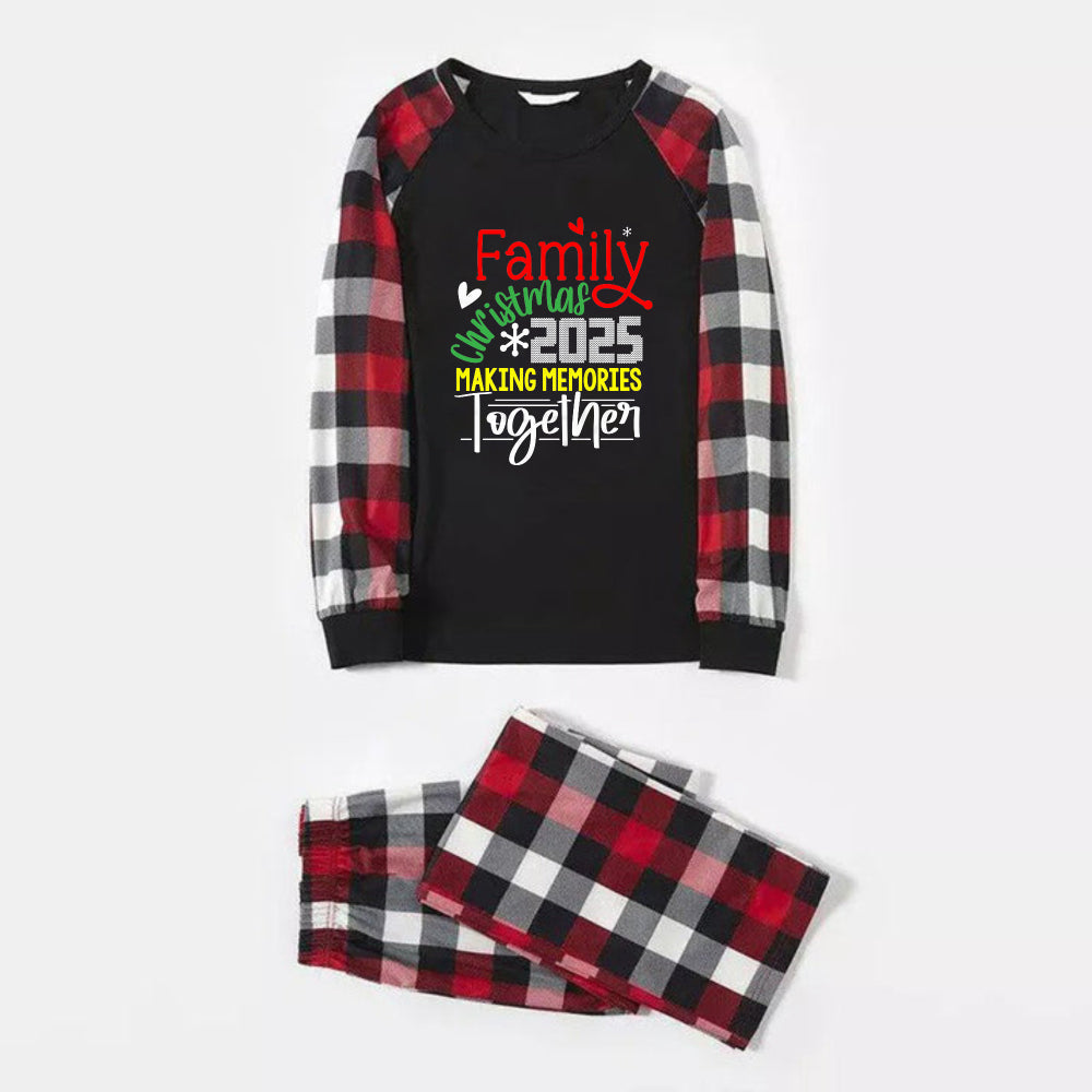Christmas Family Matching Pajamas-Red and Gray Plaid Pjs set with "Family Christmas 2025 Making Memories Together" Colorful Slogan Print
