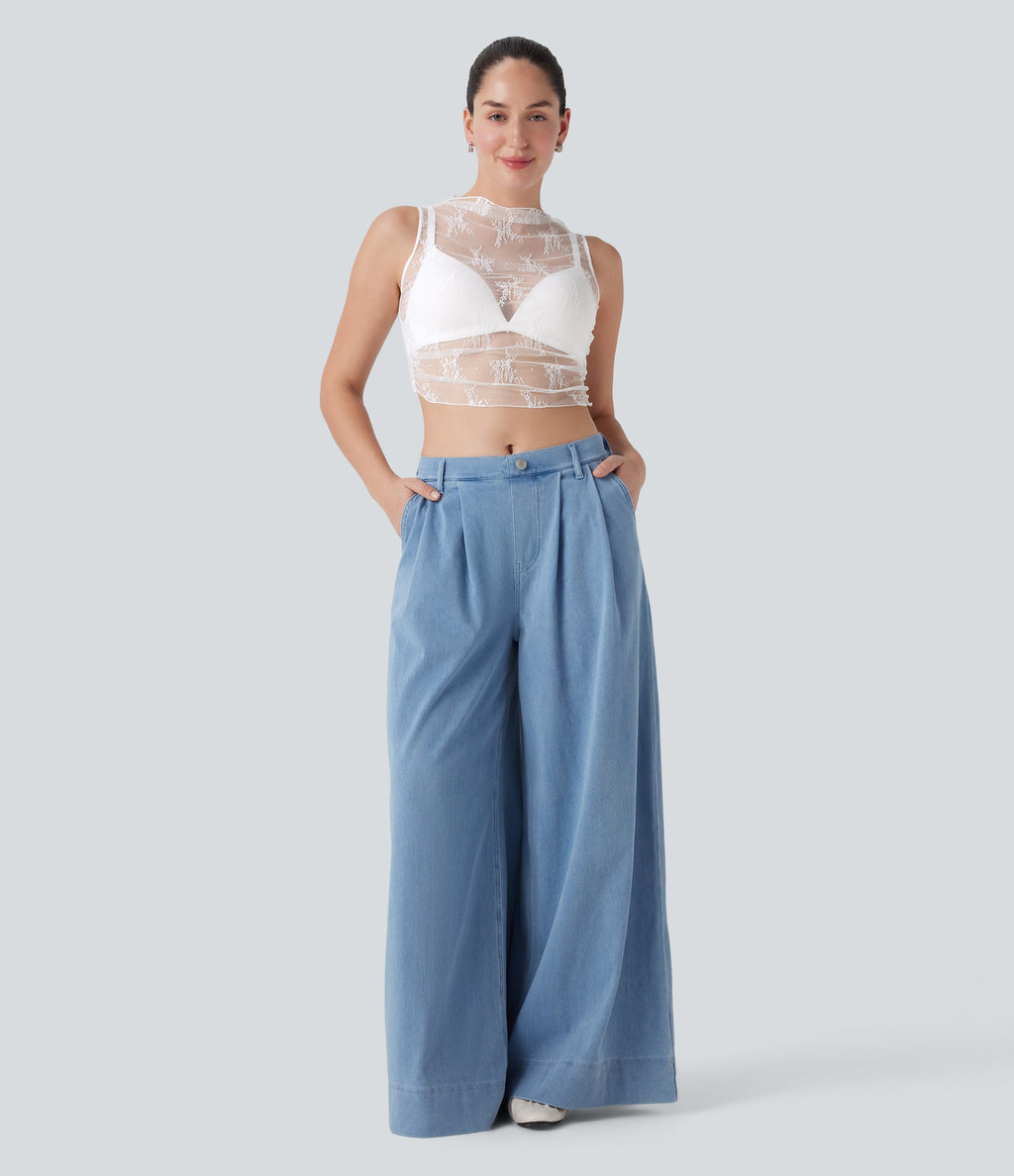 Mock Neck Sleeveless Ruched Cropped Sheer Lace Casual Top