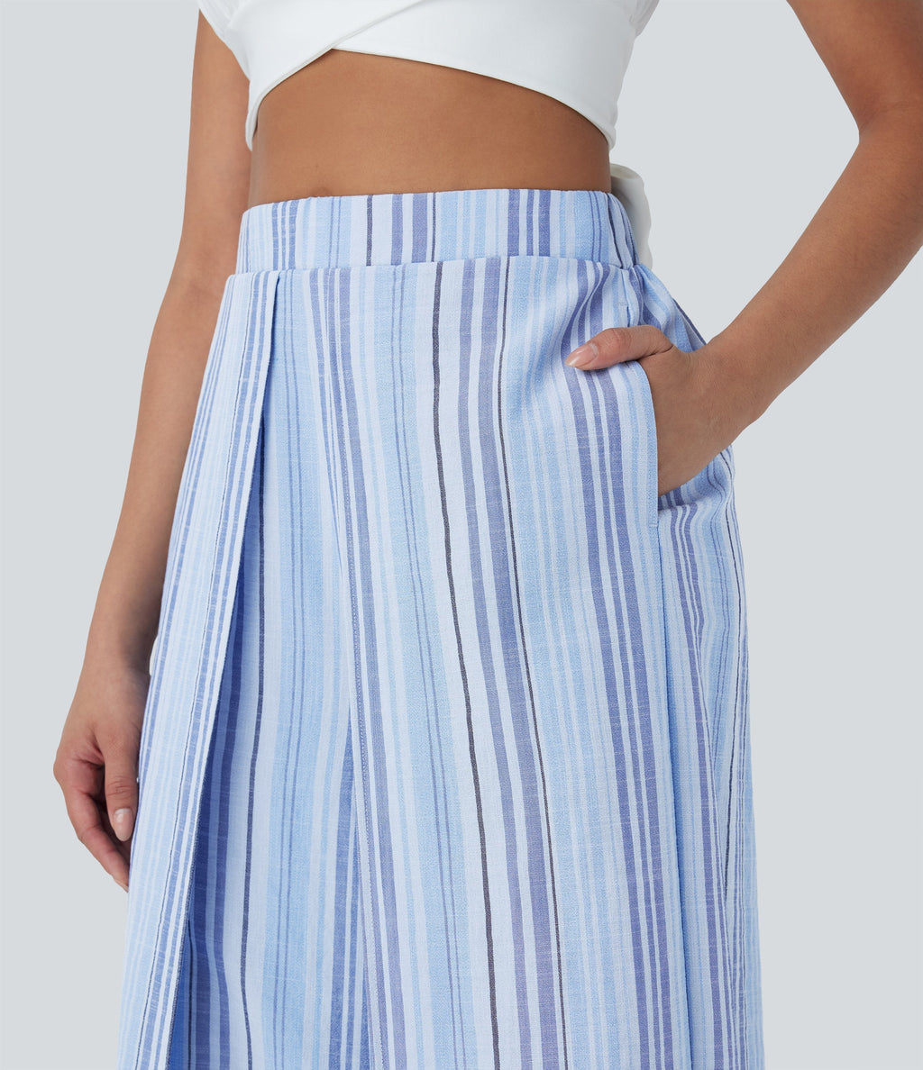 High Waisted Stripe Wide Leg Linen-Feel Pants with Pockets