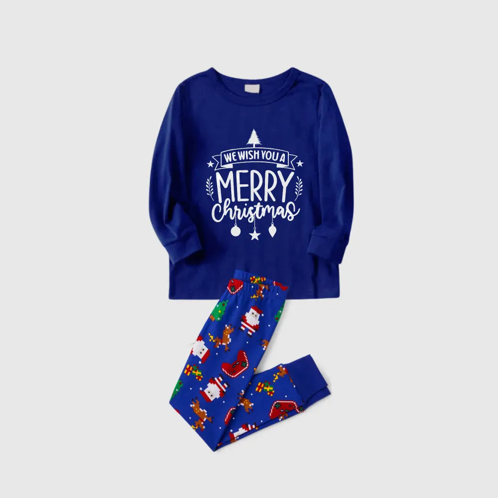 Christmas Family Matching Pajamas-Cozy Blue Pjs Set with "Wish You A Merry Christmas" Slogan Print