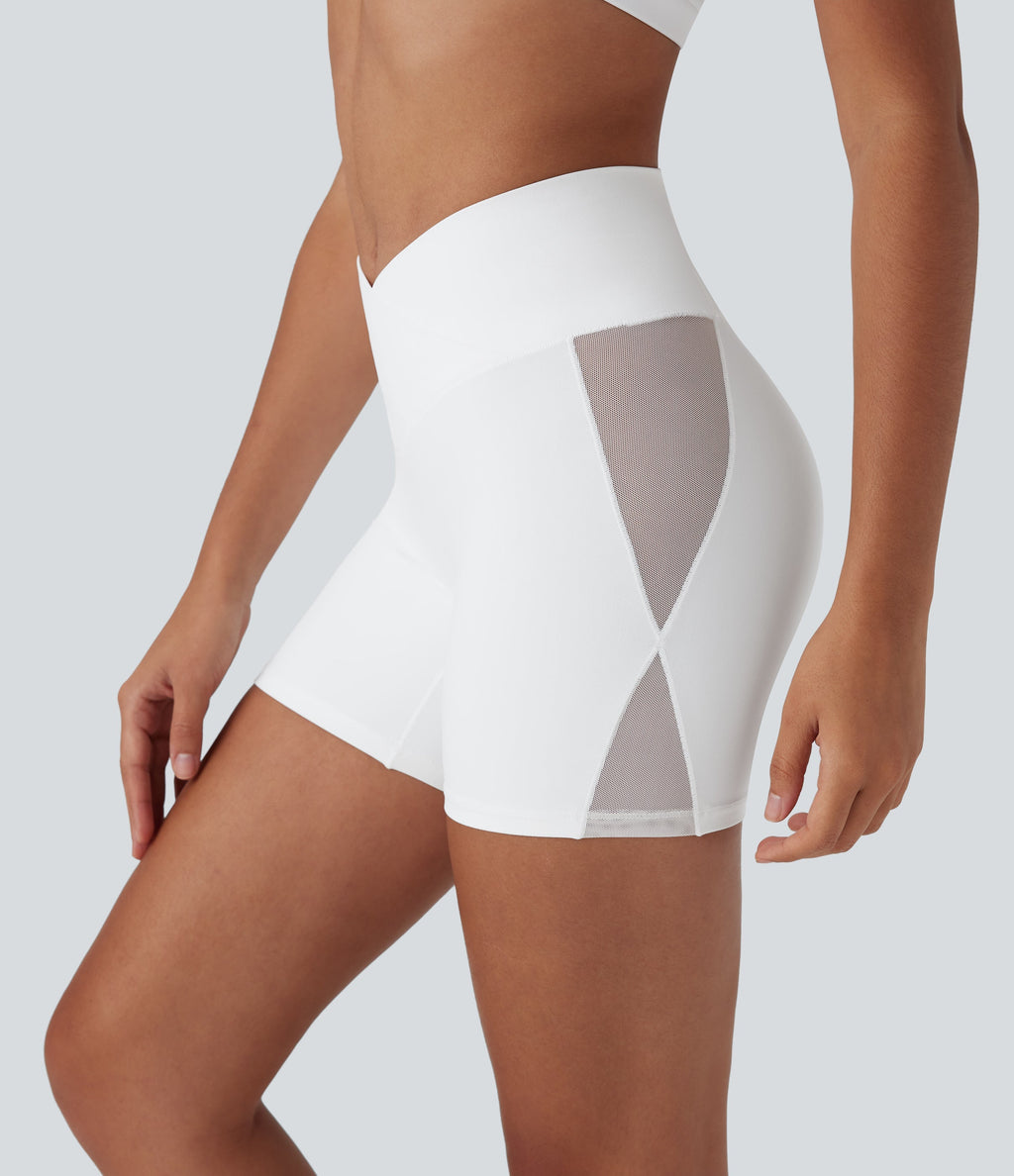 SoftlyZeroTM High Waisted Crossover Contrast Mesh Yoga Biker Shorts 5'' with Pocket-UPF50+
