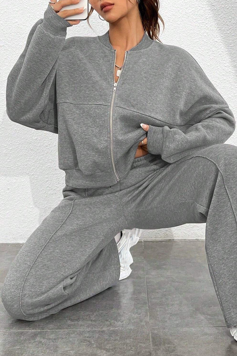Zipper Long Sleeve Track Jacket Solid Color Wide Leg Pants Set-Black