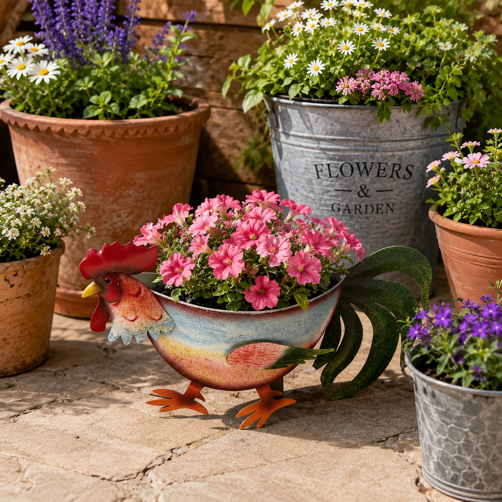 Rustic Rooster Hanging Planter, Farmhouse Chicken Flower Pot