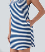 Boat Neck Sleeveless Curved Hem Mini Stripe Waffle Casual Dress with Pockets