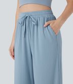 Ribbed Knit High Waisted Drawstring Straight Leg Casual Pants with Pockets