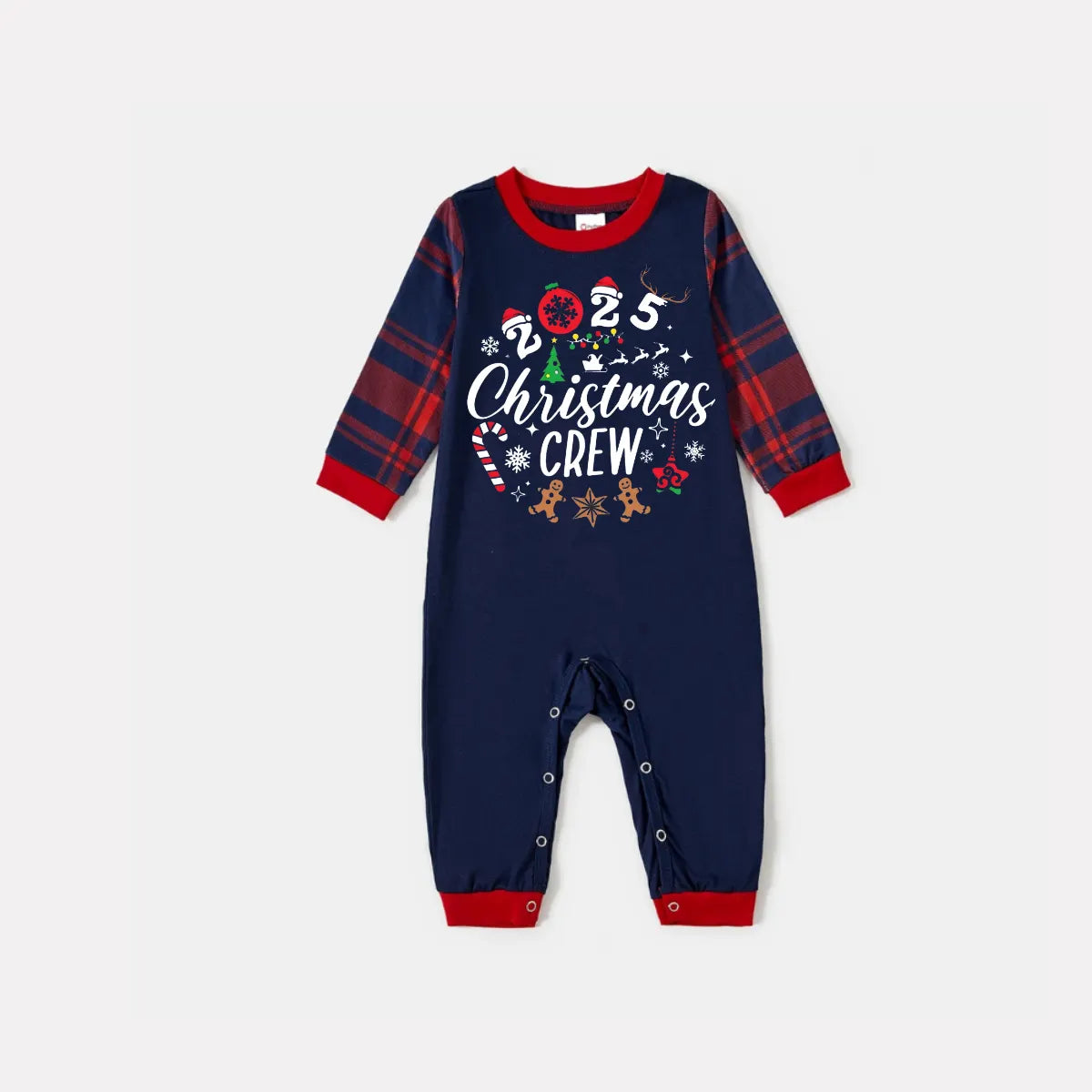 "2025 Christmas Crew" Text and Santa Hat Prints Blue Long Sleeves Top with Red and Blue Plaid Pants Christmas Matching Pajamas