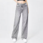 Women's Street Chic High Waist Multi-Pocket Baggy Denim Wide Leg Jeans, Versatile Streetwear Outfits, Asymmetric Waist Denim Trousers